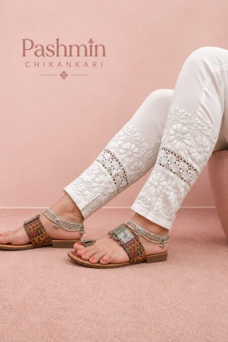 White Chikankari Midlace Stretchable Lycra Cotton Pant