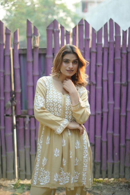 Fawn chikankari modal cotton co-ord set