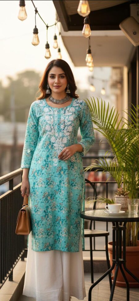 Chikankari mulcotton Self Tone printed kurta