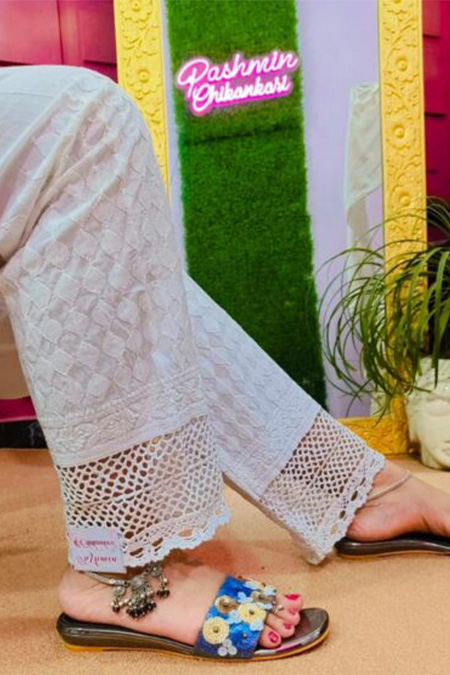 White chikankari lace shadow pant