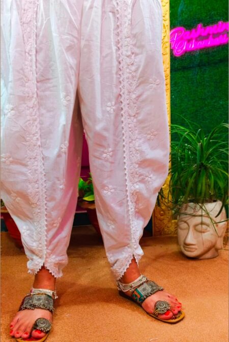 White chikankari cotton tulip pant
