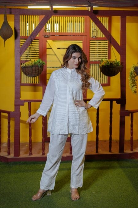 White chikankari pintex work cotton shirt
