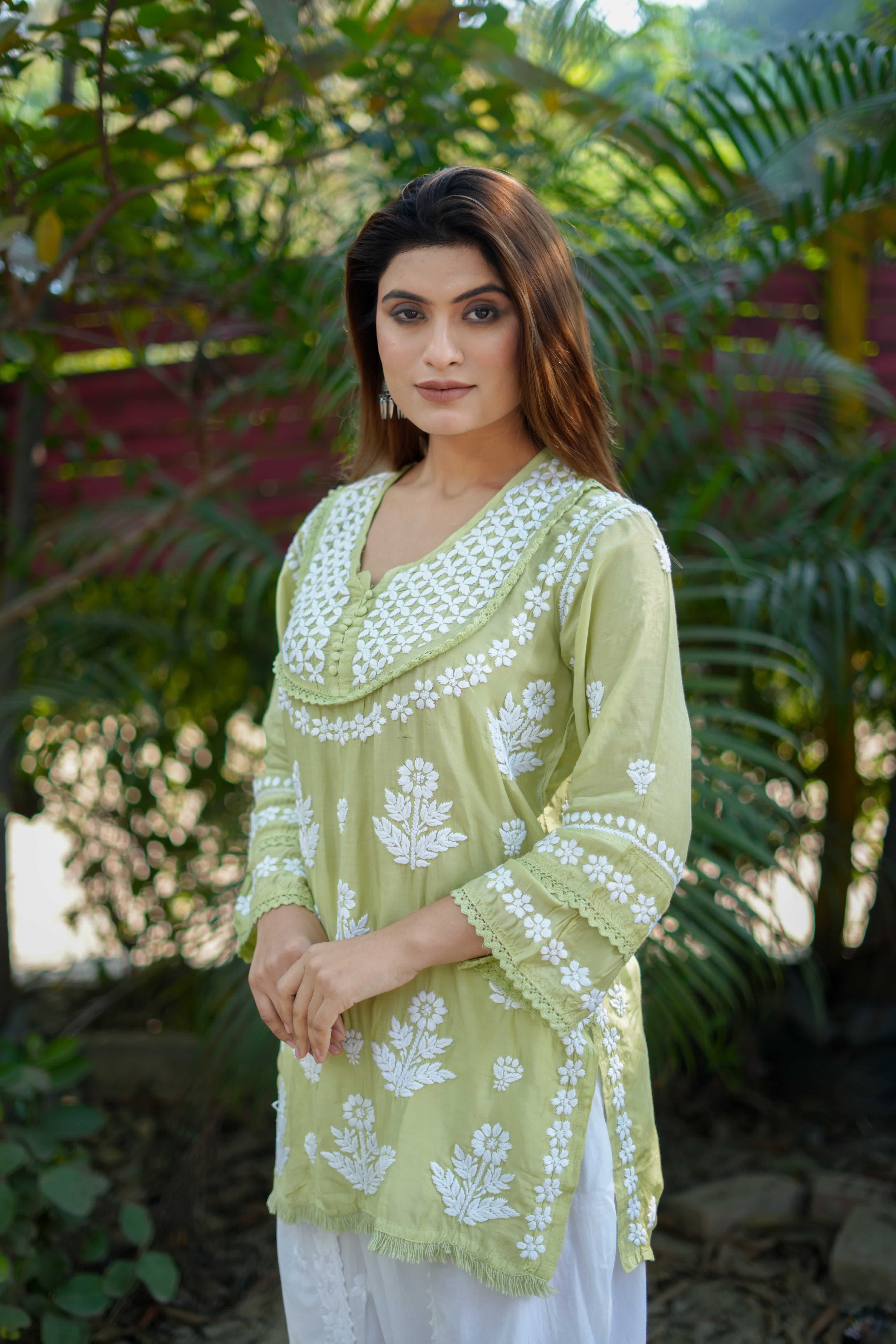Chikankari Muslin Satin Lace Work Top