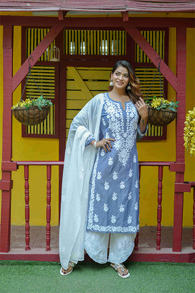 3D chikankari denim cotton kurta