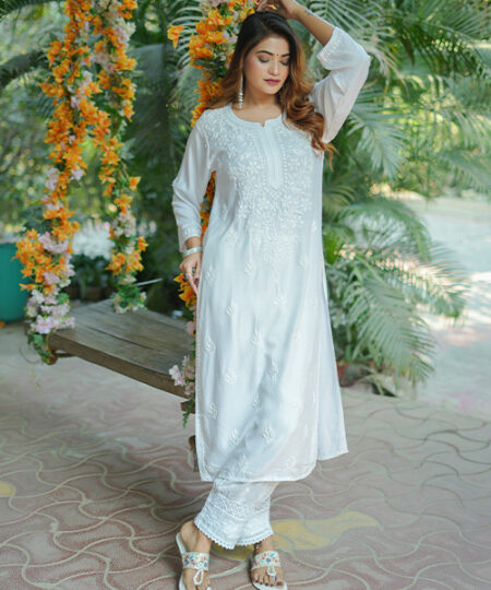 White Chikankari Modal Dobby kurta