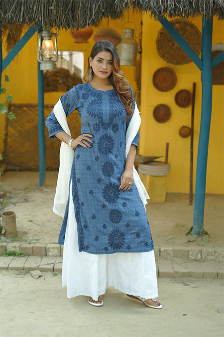 chikankari tone to tone modal dobby kurta