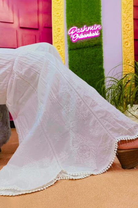 White chikankari cotton roundcut garara
