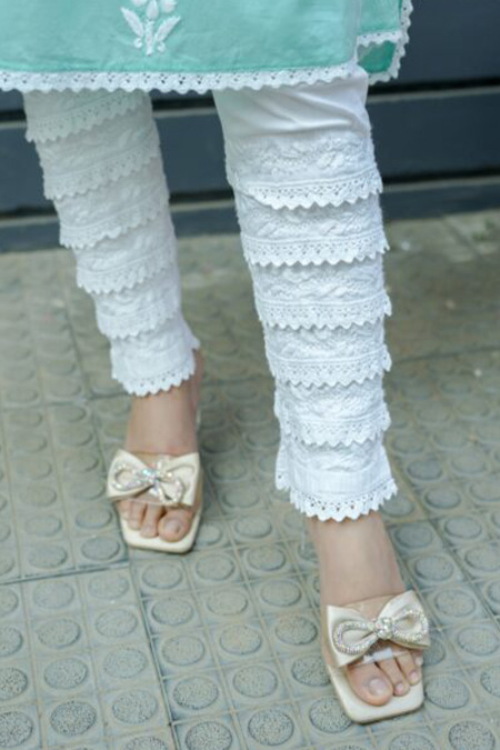 White chikankari lace layer stretchable pant