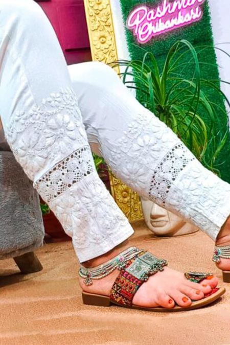 White chikankari midlace stretchable lycra cotton pant