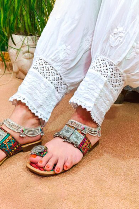White chikankari modal afghani lace pant
