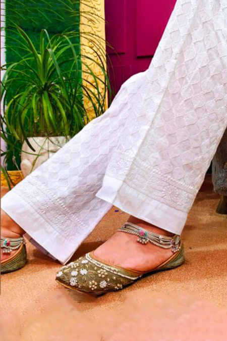 White chikankari shadow work cotton pant