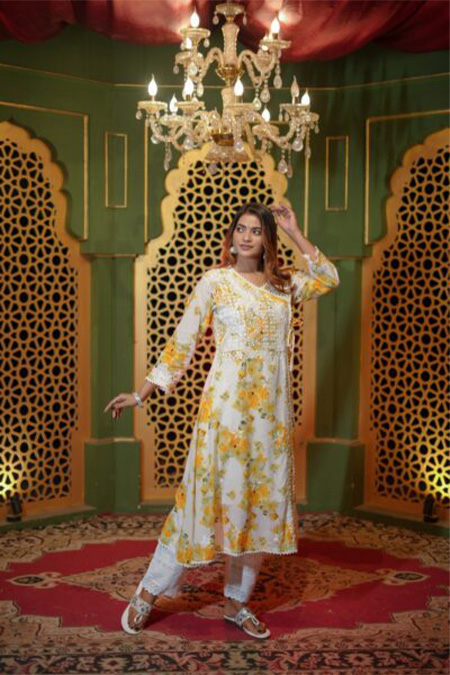 chikankari mulcotton printed angrakha