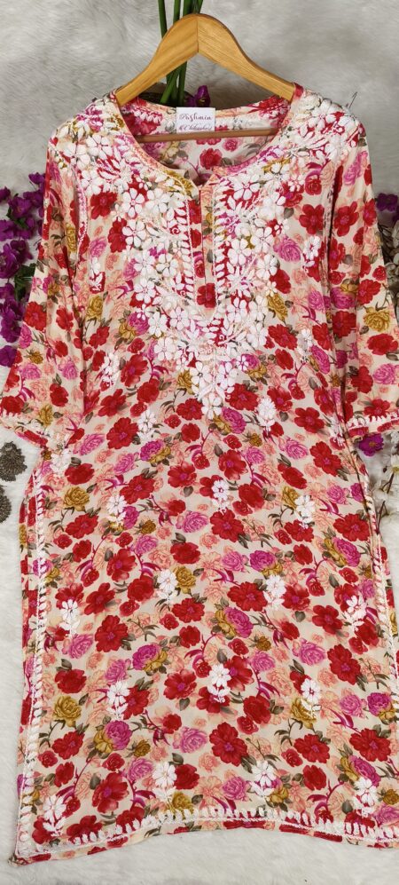 Cream Floral print Chikankari modal cotton kurta