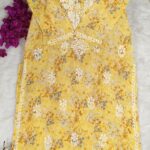 Chikankari mulcotton Self Tone printed kurta - M, Yellow