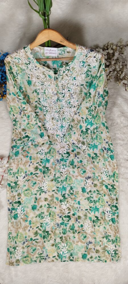 Chikankari Mulcotton Cream Color Printed Kurta