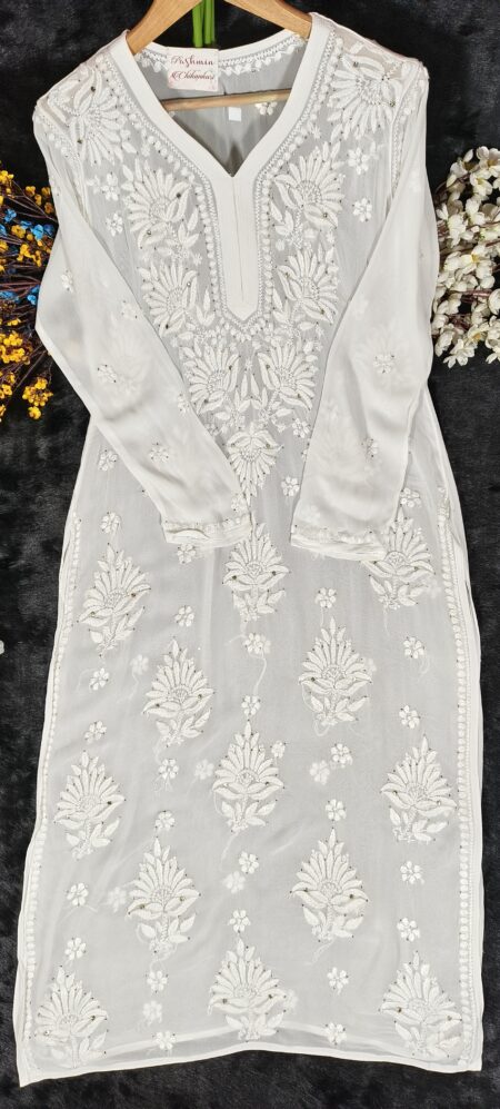 White 3D Chikankari Viscose Kurta With Mukaish