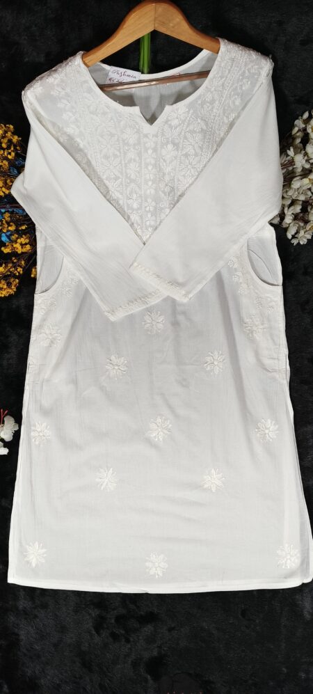 White Chikankari Front Pocket Cotton Kurta