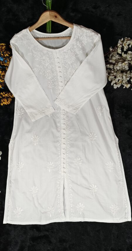 White Chikankari Cotton Kurta With Front Buttons