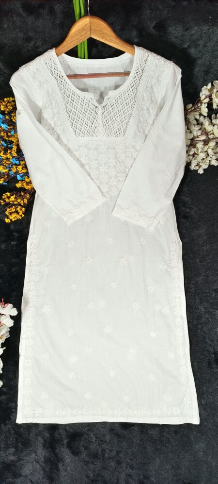 White Chikankari Crotia Neck Lace Cotton Kurta