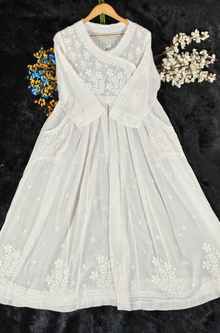 White Chikankari Premium Muslin Angrakha with Front Pockets