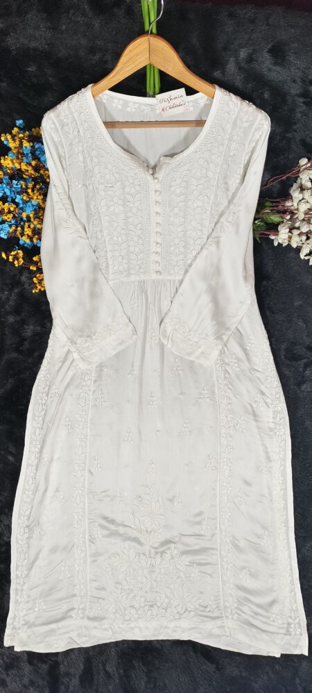 White 3D Chikankari Modal Satin Kurta