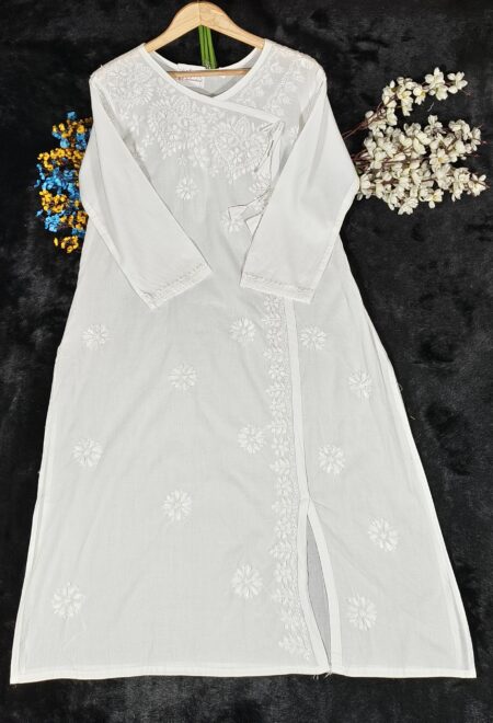 White Chikankari Mulcotton Angrakha Kurta