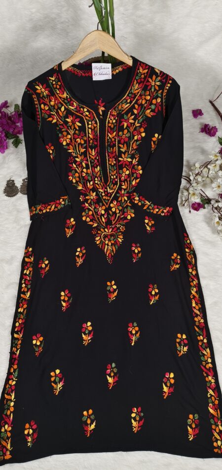 Multicolor thread Chikankari black modal cotton kurta