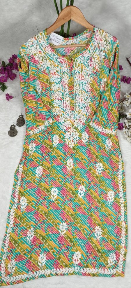 Multicolor print chikankari blue modal cotton kurta