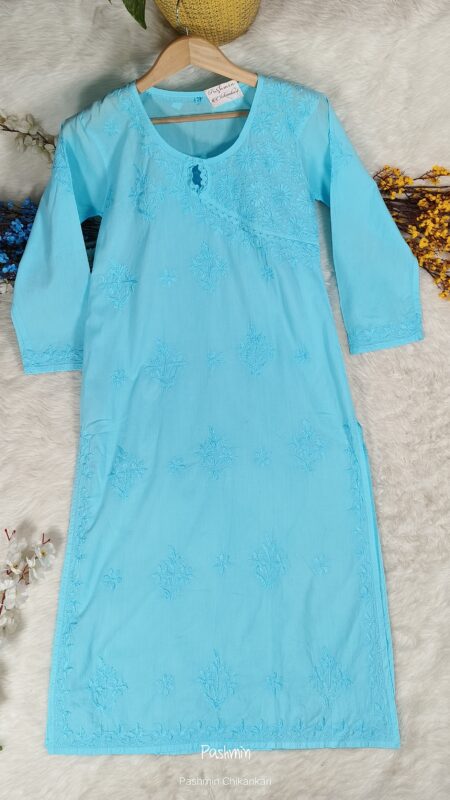 Blue Chikankari Cotton Tone to Tone Kurta with Lace neck Loop