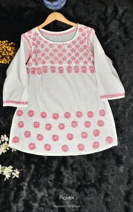 White Chikankari Cotton Top With Colored Floral Boota
