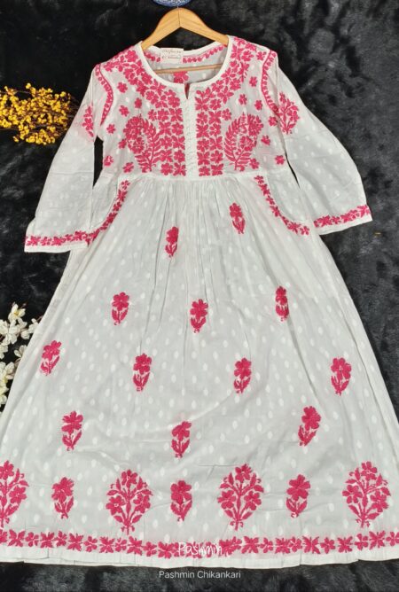 White Chikankari Dobby Cotton Front Pocket Kurta Gown