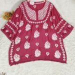 Chikankari Muslin Satin Lace Work Top - 4XL, Plum