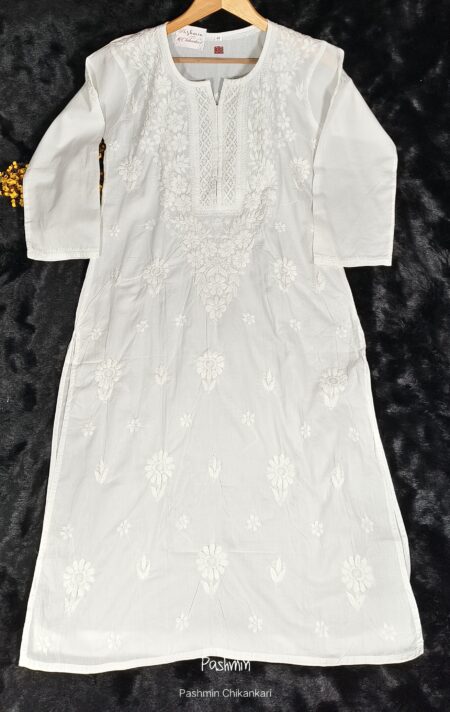 White Chikankari Crotia Long Lace Cotton Kurta