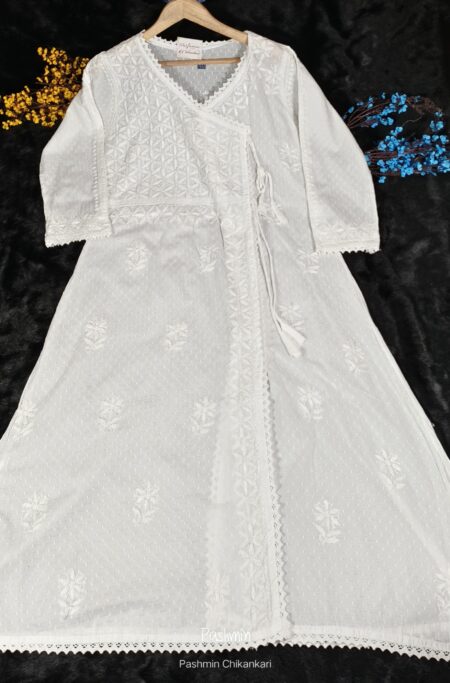 White Chikankari Dobby Cotton Stripes Angrakha Kurta