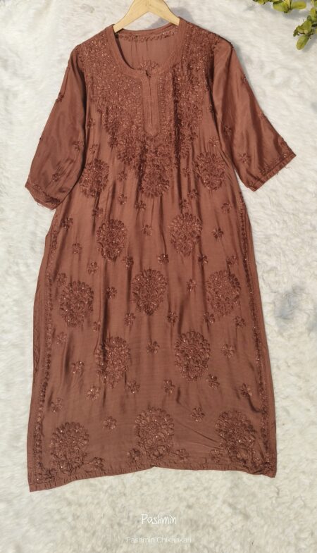 Brown Chikankari Angoori Boota Muslin Kurta With Mukaish Work