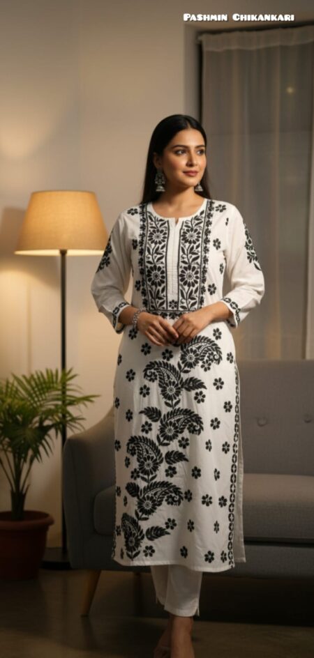 Black & White Chikankari cotton bel kurta