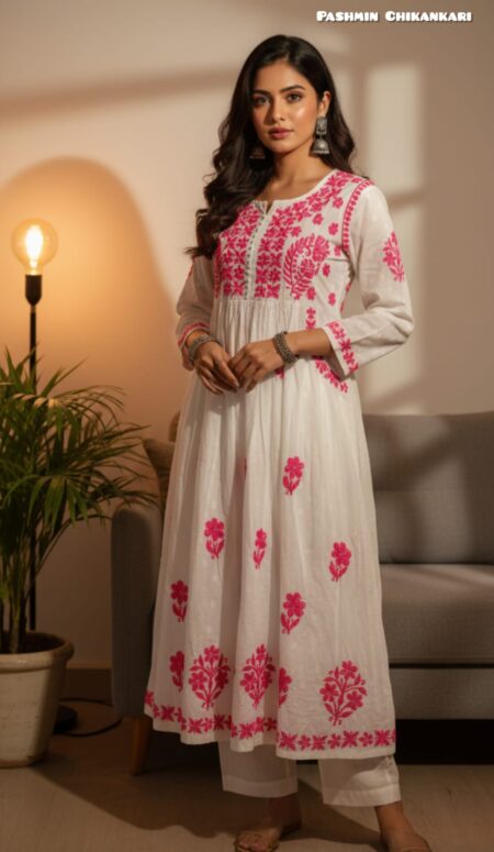 White Chikankari Dobby Cotton Front Pocket Kurta Gown
