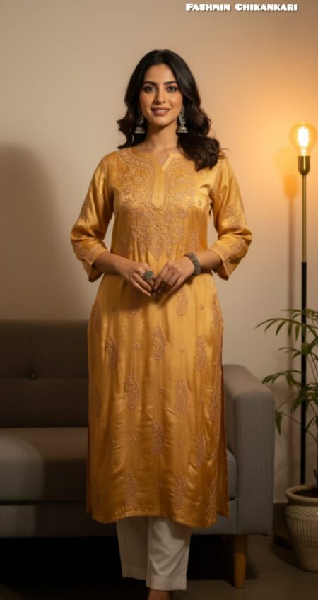 Chikankari Satin Kurta with Hathkati Jaali Work