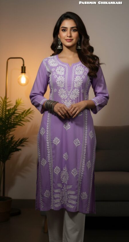 Chikankari Modal Cotton Kurta with Lace Panel Work