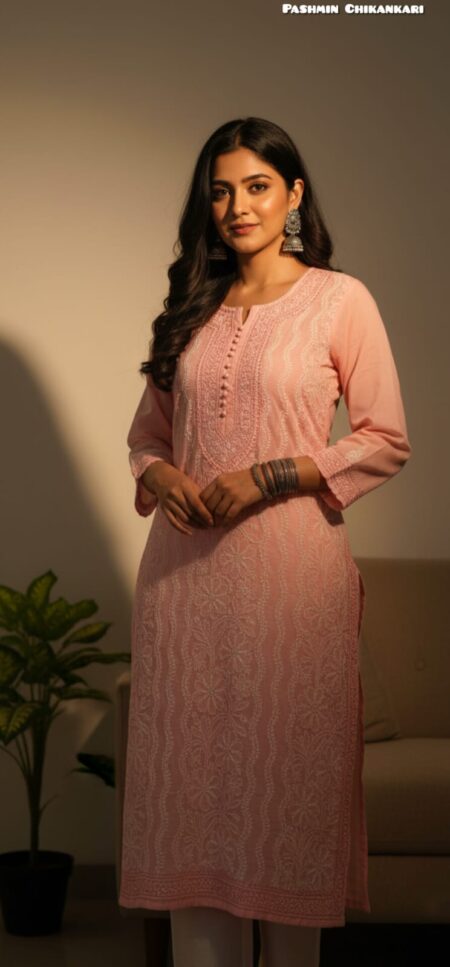 Chikankari Dual Tone Jaal Bel Voile Cotton Kurta