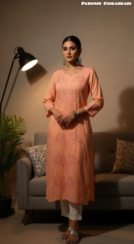 Chikankari Modal Cotton Kurta with Rose Mukaish Panel Work