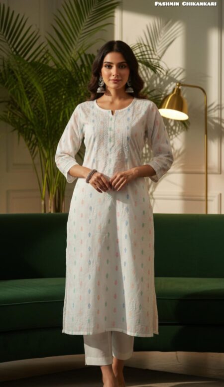 Off White Chikankari Kurta With Colored Weave