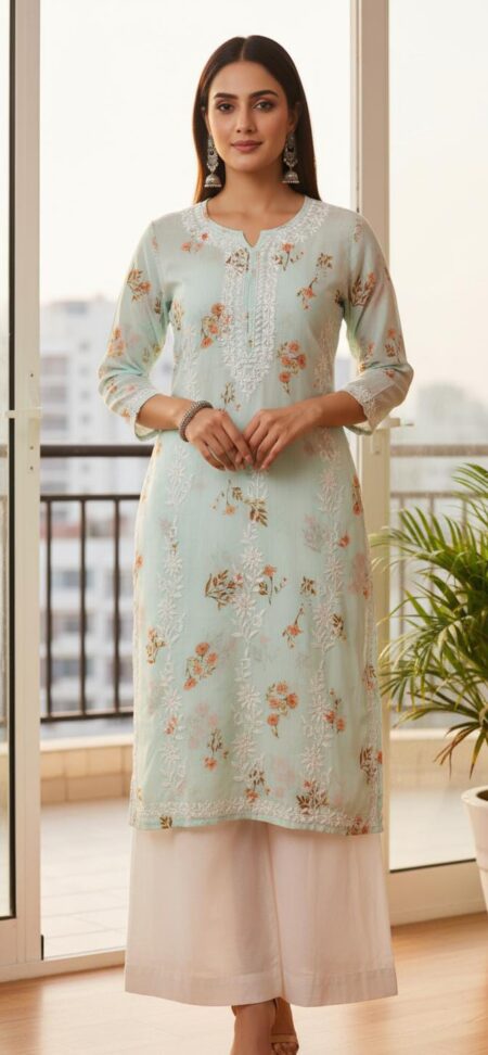 Chikankari Mulcotton Stripes Print Kurta