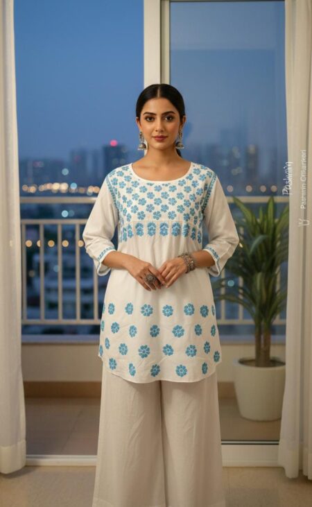 White Chikankari Cotton Top With Colored Floral Boota