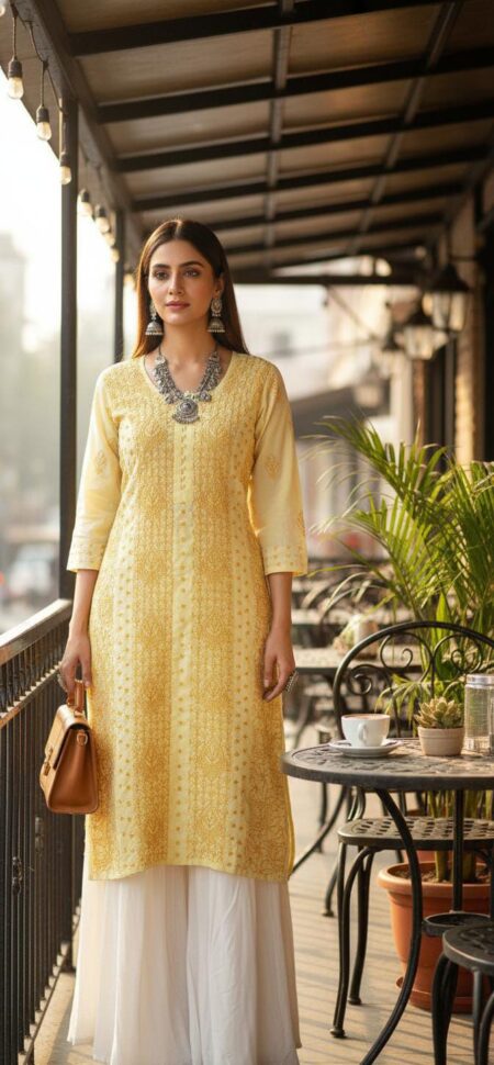 Chikankari Voile Cotton Tone to Tone Kurta with Applique Work