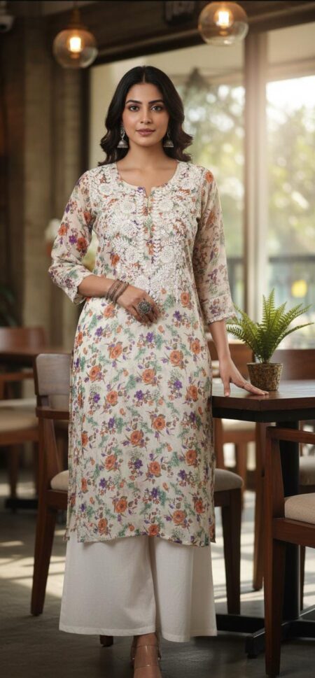Chikankari Mulmul Print Kurta