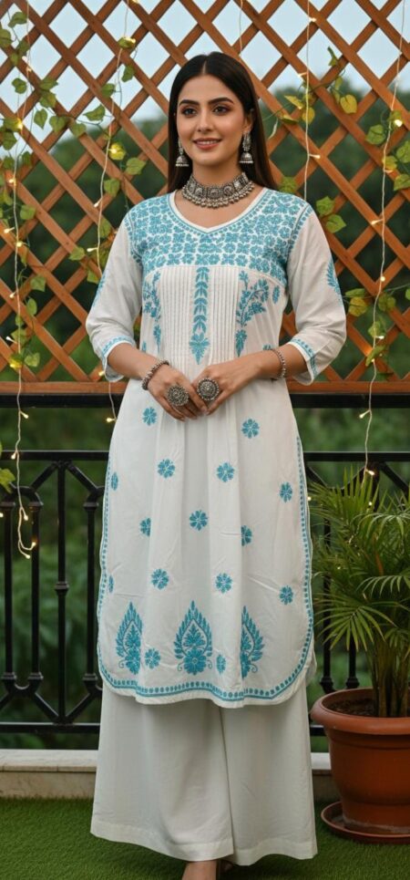 Chikankari Color on White Short Kurta with Pintex Work