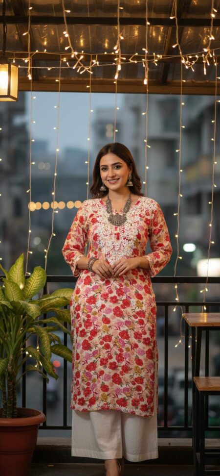 Cream Chikankari Modal Cotton Kurta with Floral Print