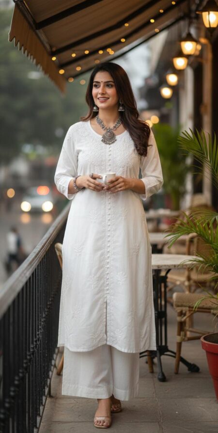 White Chikankari Cotton Kurta With Front Booti Buttons