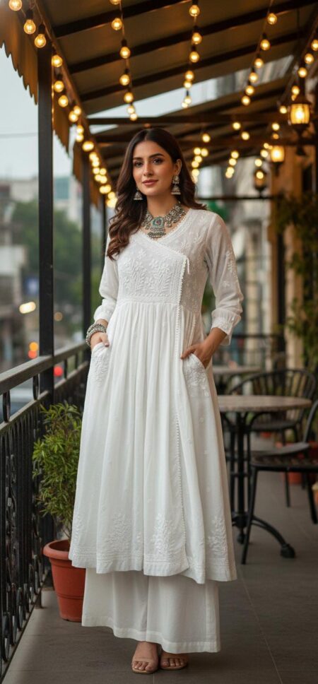 White Chikankari Premium Muslin Angrakha with Front Pockets